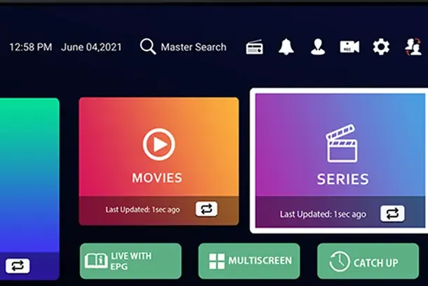 Interface de l'application sur un téléviseur : films, séries et guide des programmes