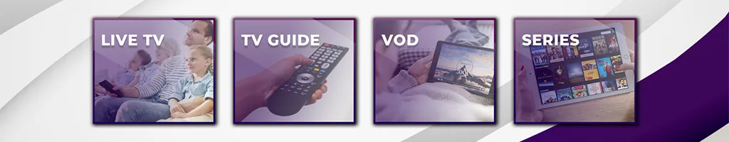 Rubriques de l'application Atlas Pro IPTV : direct, guide TV, vidéo à la demande et séries