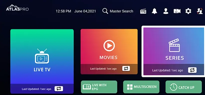 Interface Atlas Pro TV sur un téléviseur : direct, films, séries et guide des programmes